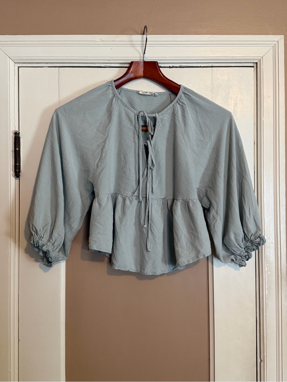 Peach Love California Light Green/Blue Tie-Front Peasant Blouse
